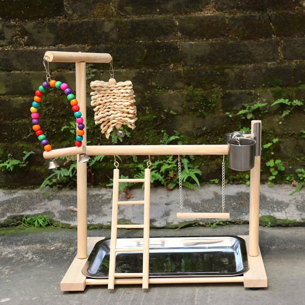 Solid Wood Parrot Playstand with Gym Ladder and Toys